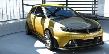 A yellow car with a black hood parked in one of the room of a tall building